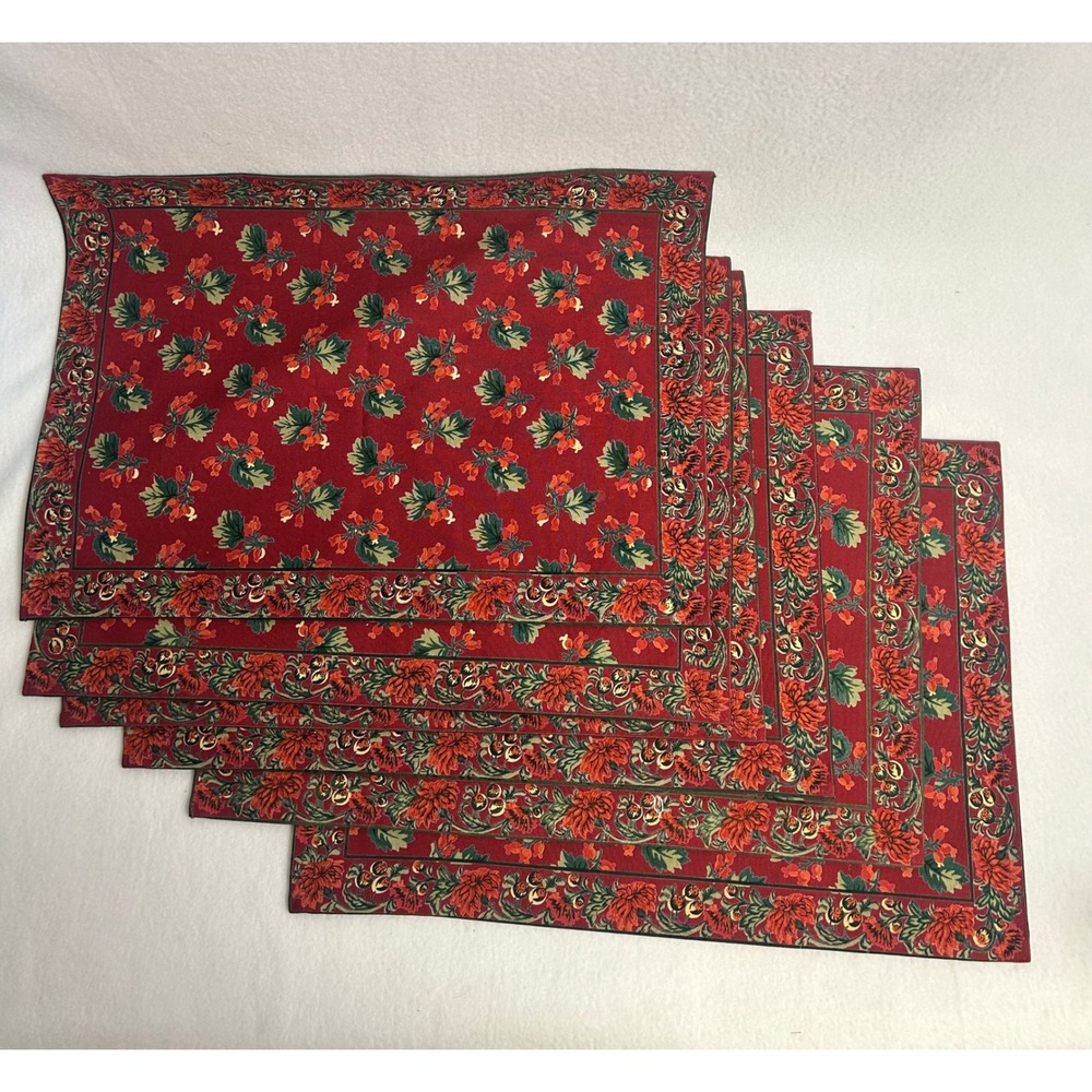 Holiday Cottagecore April Cornell OS Red Holly Berry Cotton Placemats Set 6